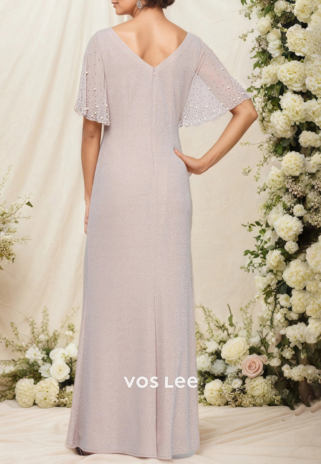 A-Line Flutter Sleeves Scoop Rhinestone Ruched Mother of Bride Dresses with Side Split