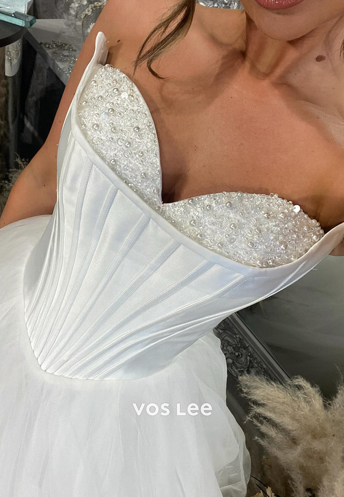 A-Line Strapless Sweetheart Rhinestone Embellished Wedding Dresses with Court Train