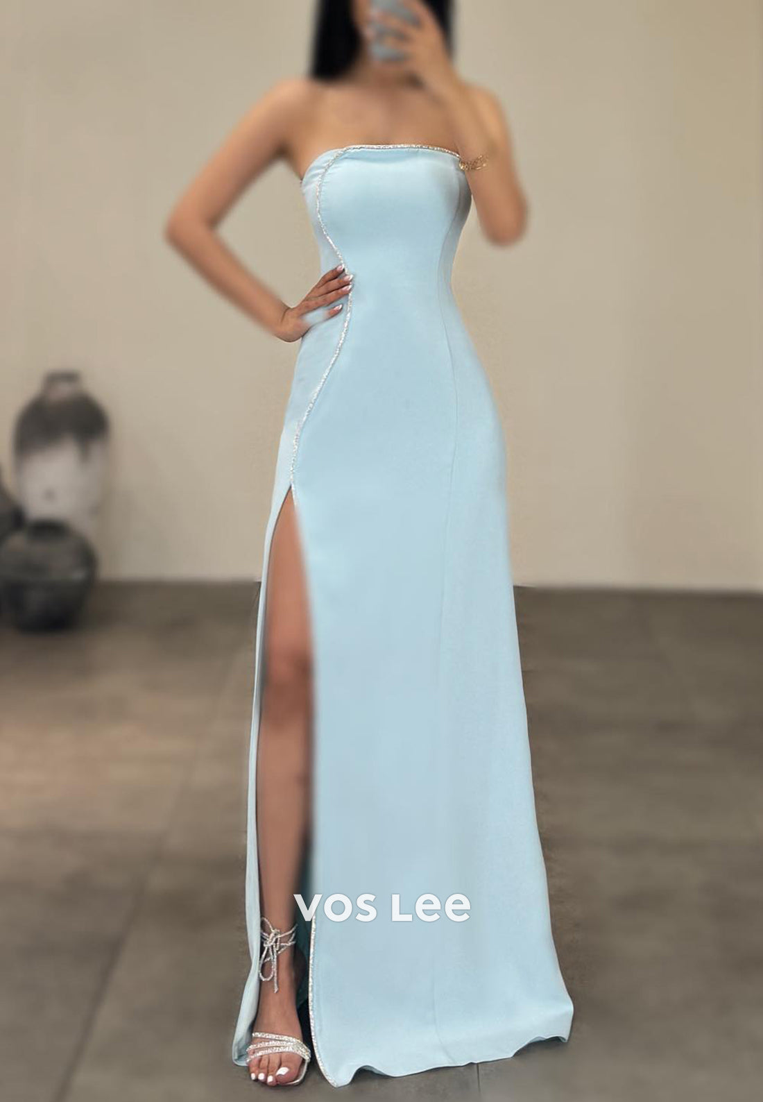 Simple & Casual Strapless Rhinestone Floor-Length Mermaid Evening Dresses with High Split