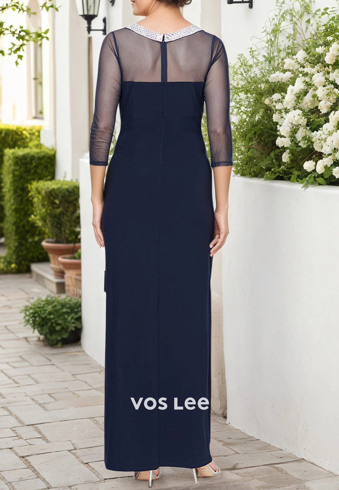 3/4 Sleeve Illusion Sweetheart Pleated Sheath Mother of Bride Dresses with Side Split