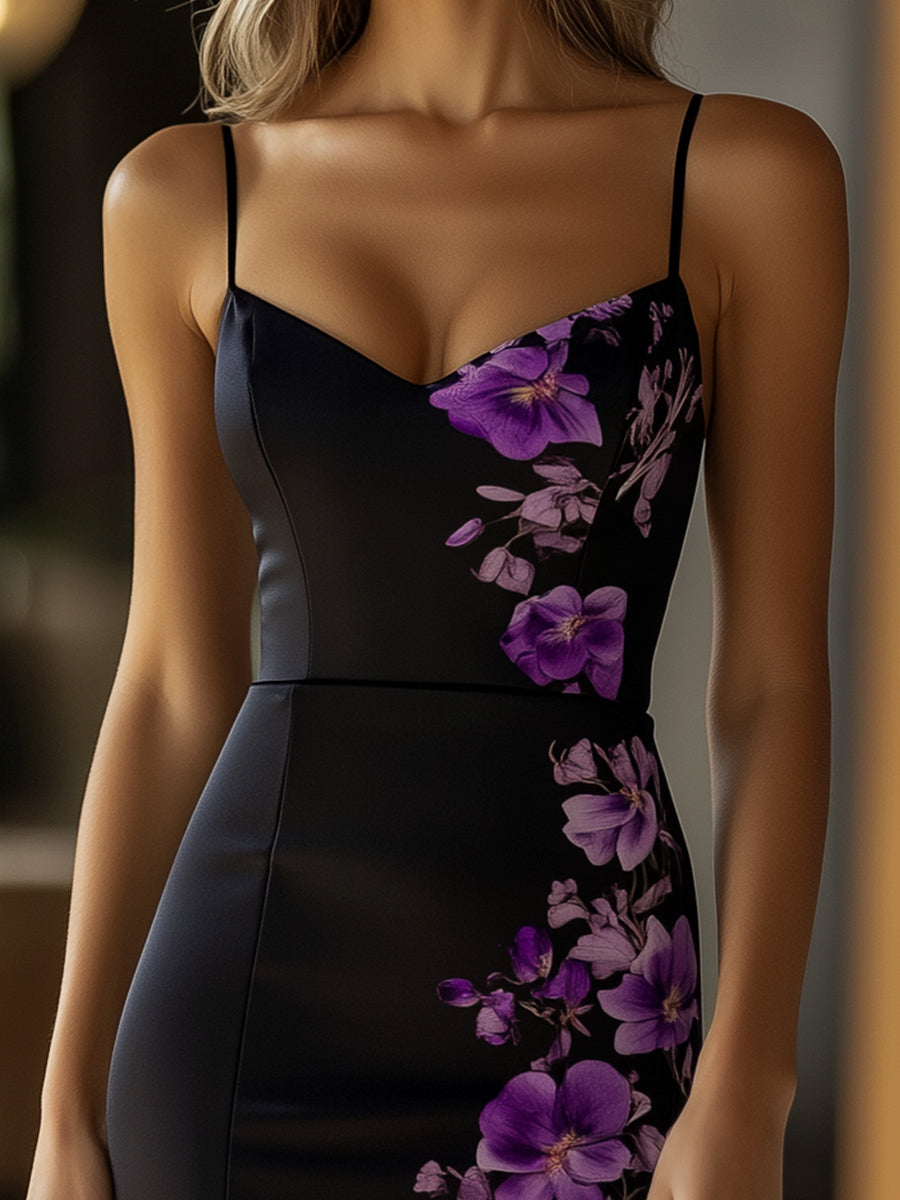 Black Floral Satin Bodycon Midi Dress