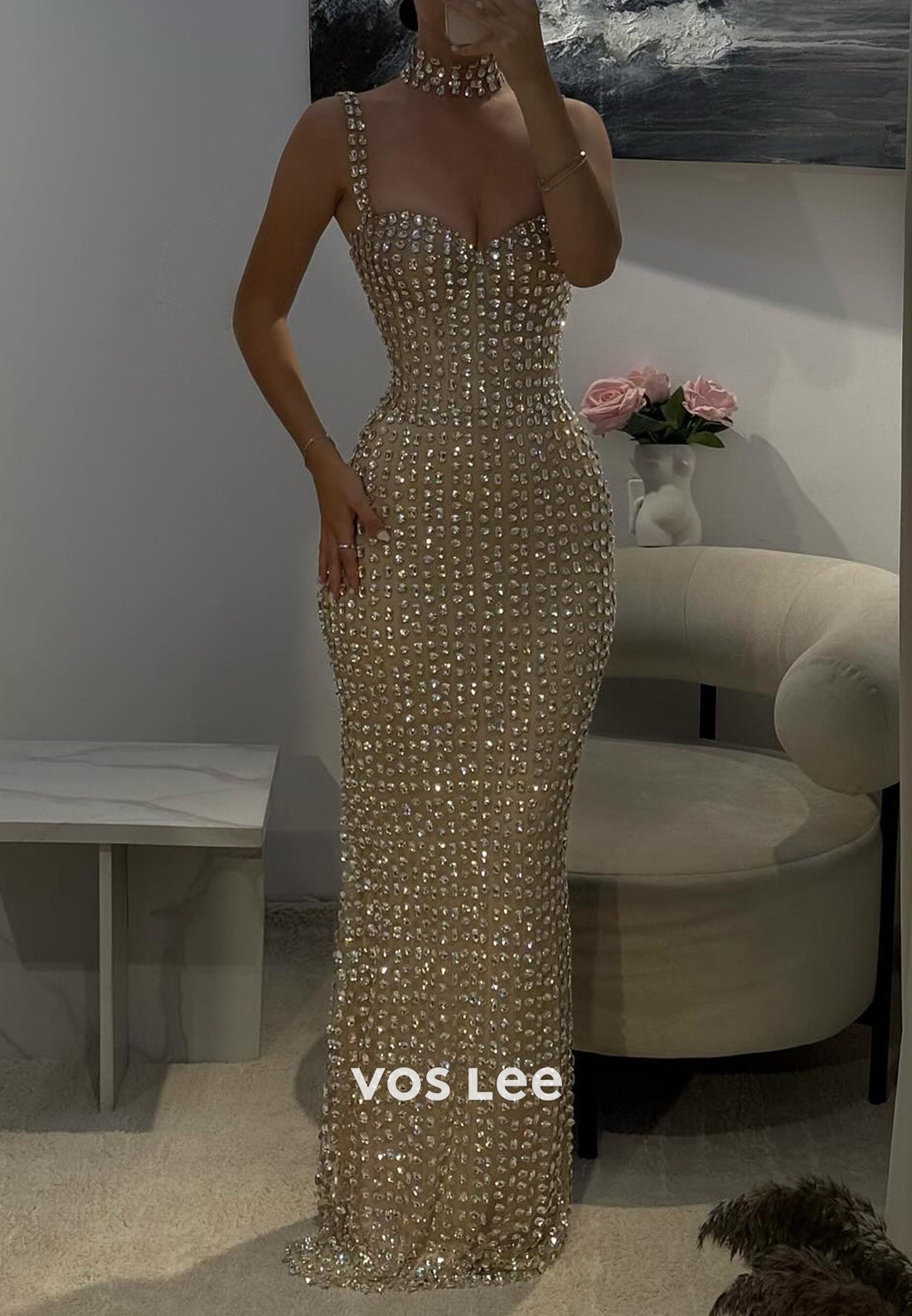 Spaghetti Straps Sweetheart Rhinestone Floor-Length Sheath Prom Dresses