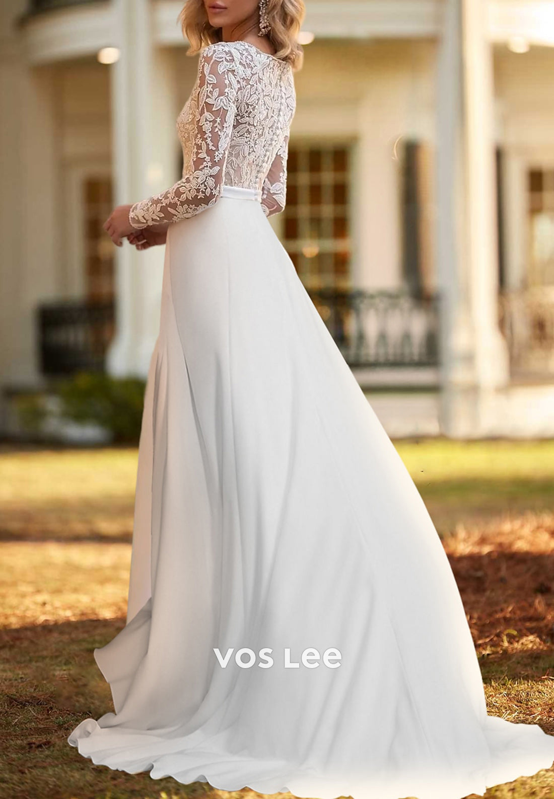 Long Sleeve Appliques Lace Illusion Neck Rhinestone Wedding Dresses with Sweep Train