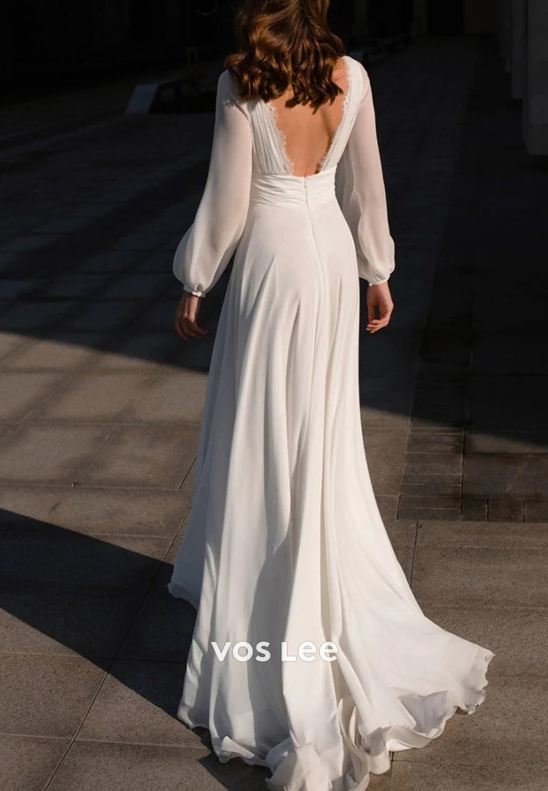 Simple A-Line V Neck Long Sleeve Floor-Length Pleated Wedding Dresses with High Split