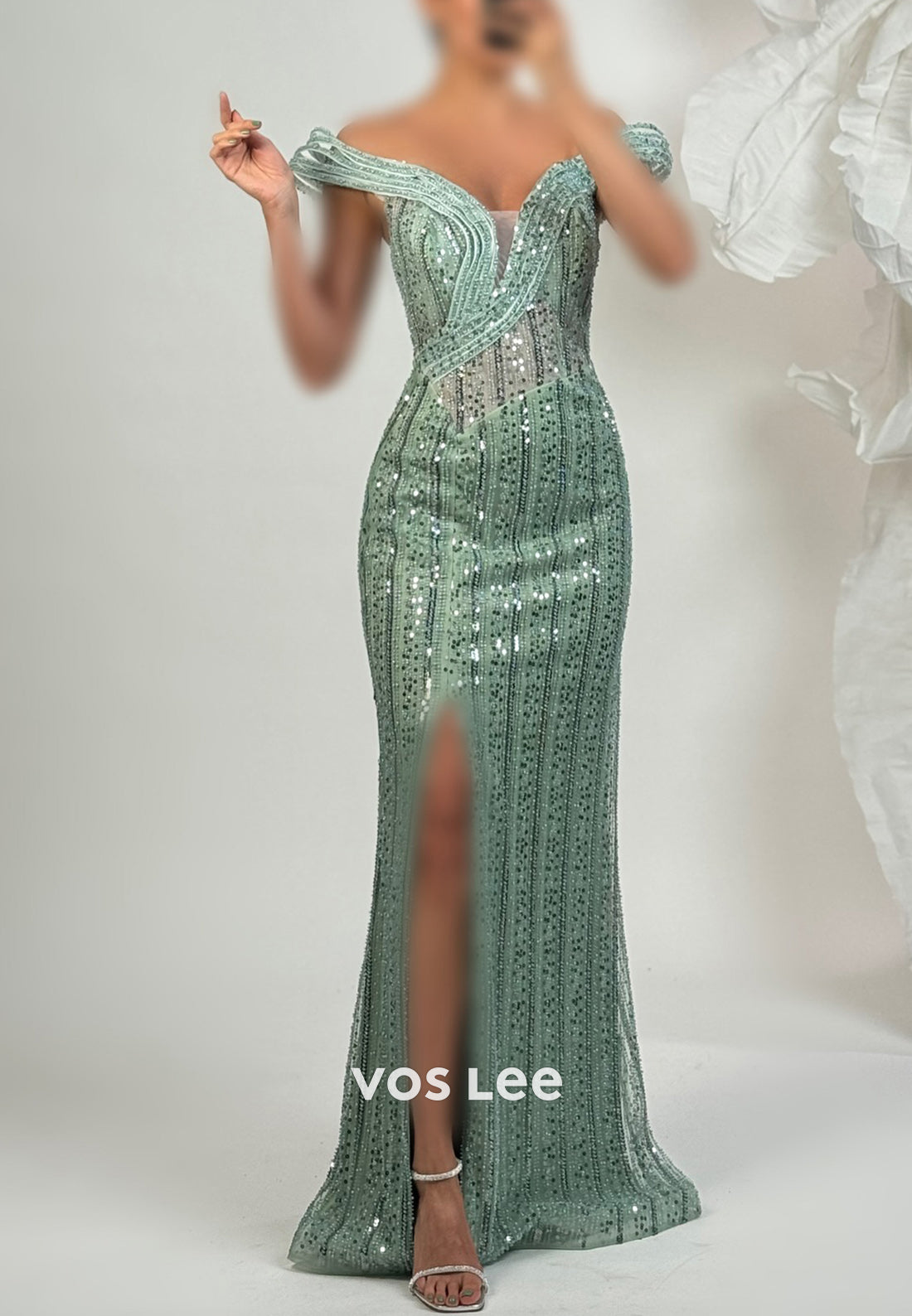 Off the Shoulder Fully Beading Sequins Pleated Sheath Evening Dresses with Side Split