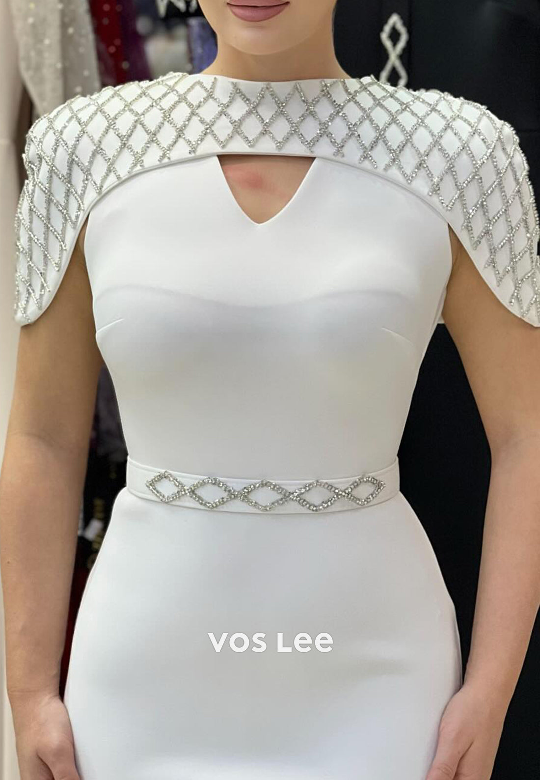 Short Sleeve Scoop Rhinestone Embellished Ankle-Length Mermaid Evening Dresses