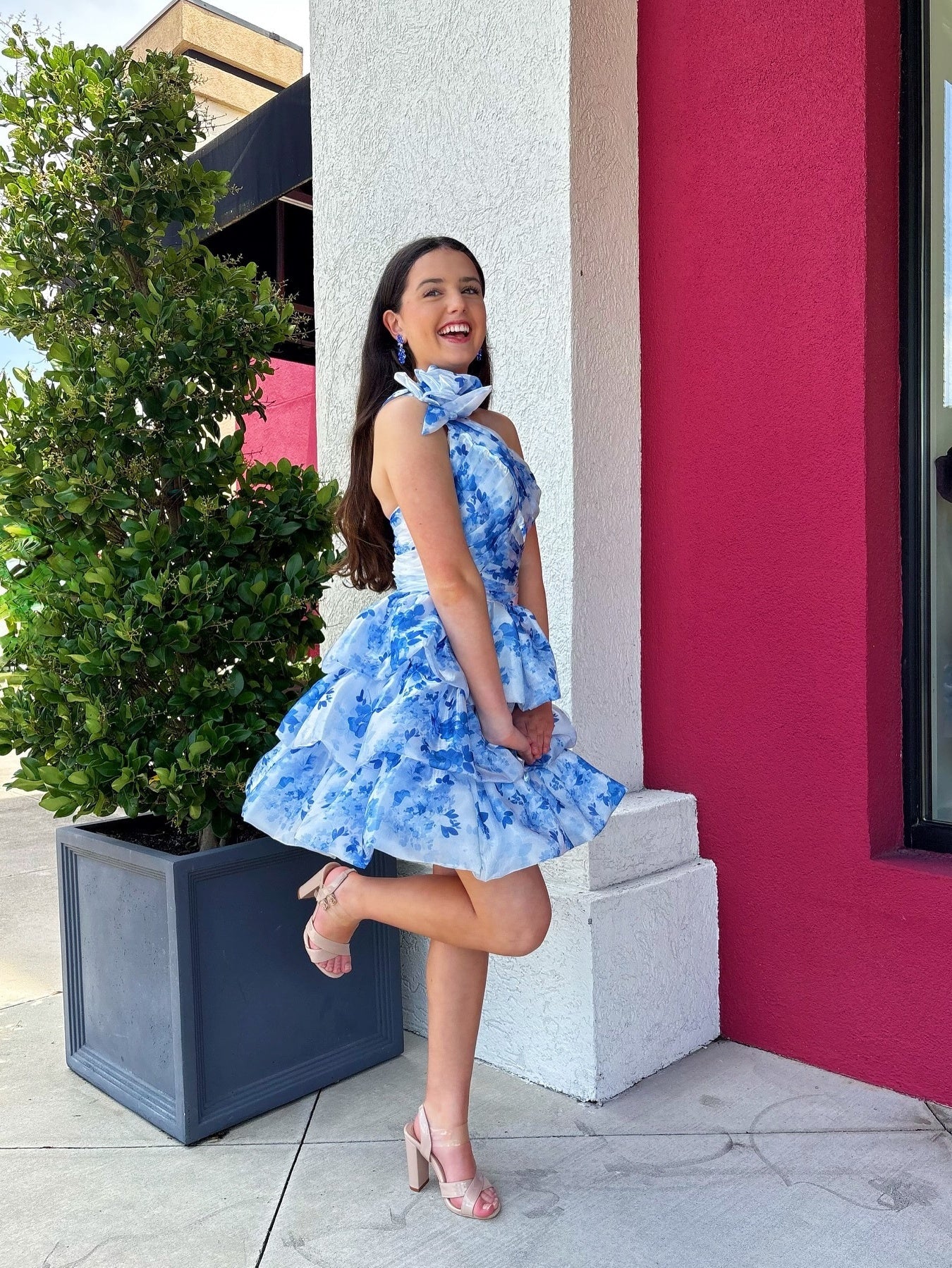Gorgeous A Line One Shoulder Blue Printed Short Homecoming Dress with 3D Flowers