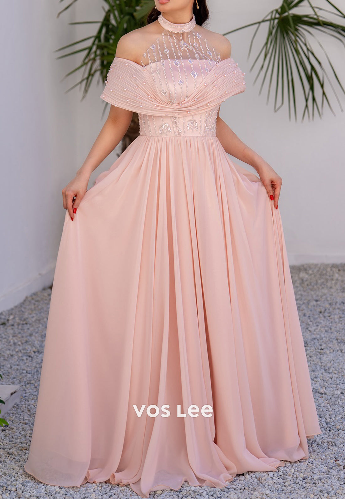 Blushing Pink A-Line Off the Shoulder Beaded Sequins Pleated Prom Dresses