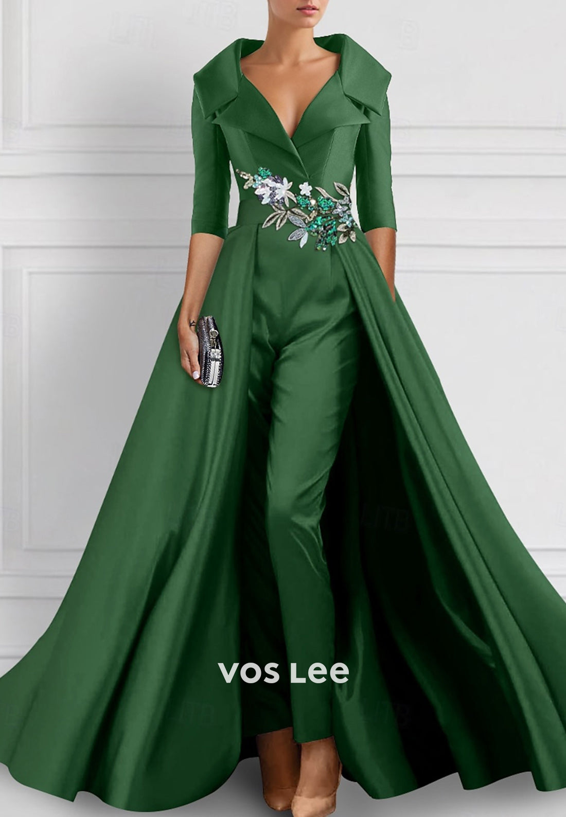 Simple Half Sleeve V Neck Appliques Jumpsuit Evening Dresses with Sweep Train