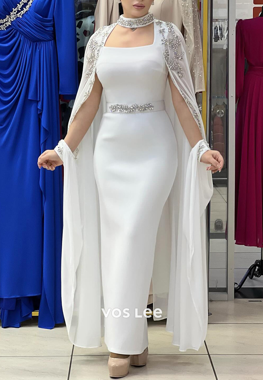 Empire Waist Square Rhinestone Embellished Ankle-Length Mermaid Evening Dresses