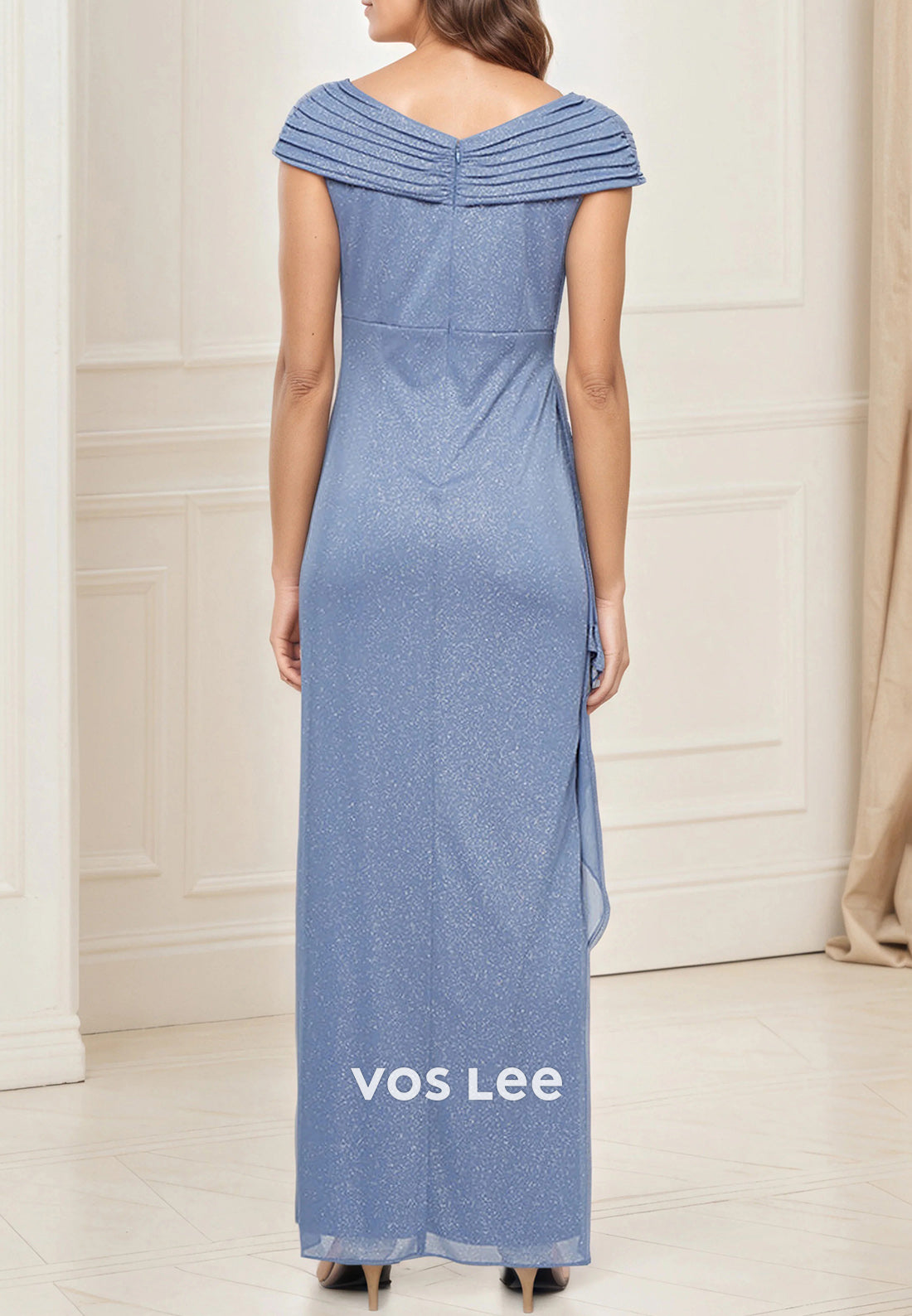 Cap Sleeves Bateau Neck Pleated Sheath Ankle-Length Long Mother of Bride Dresses