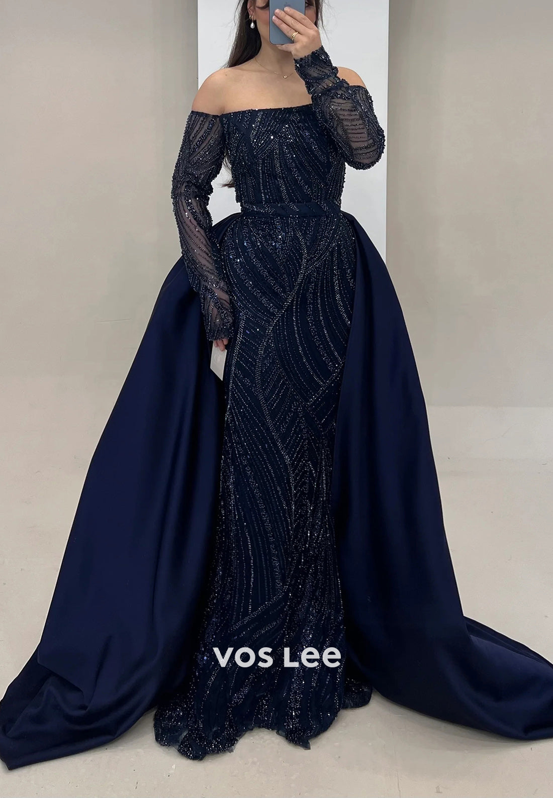 Long Sleeve Off the Shoulder Fully Beaded Mermaid Evening Dresses with Court Train