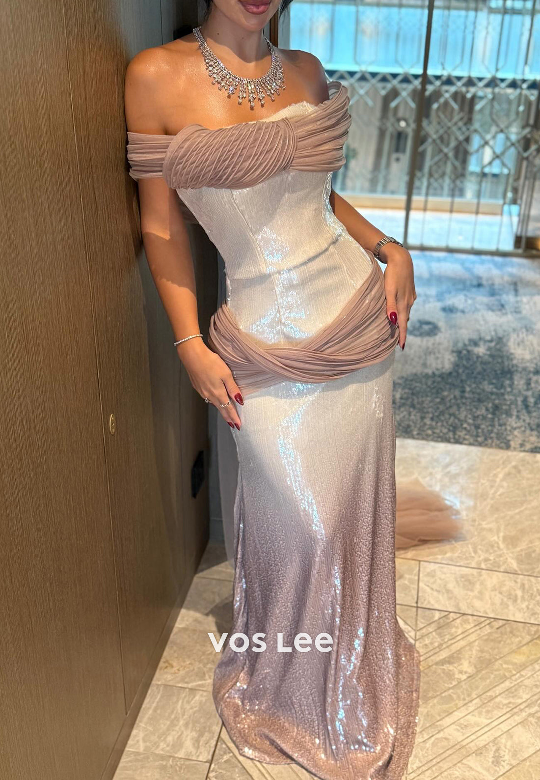 Off the Shoulder Fully Sequined Ruched Mermaid Evening Dresses
