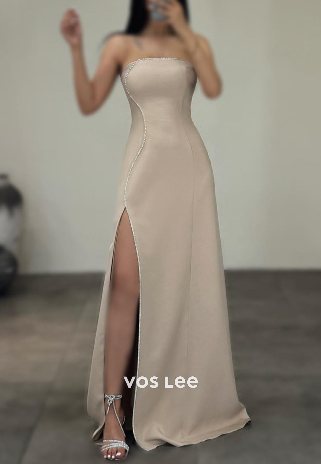Simple & Casual Strapless Rhinestone Floor-Length Mermaid Evening Dresses with High Split