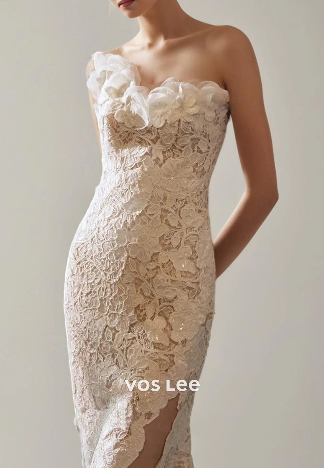 Strapless Asymmetrical Neck Appliques Lace Mermaid Wedding Dresses with Sweep Train