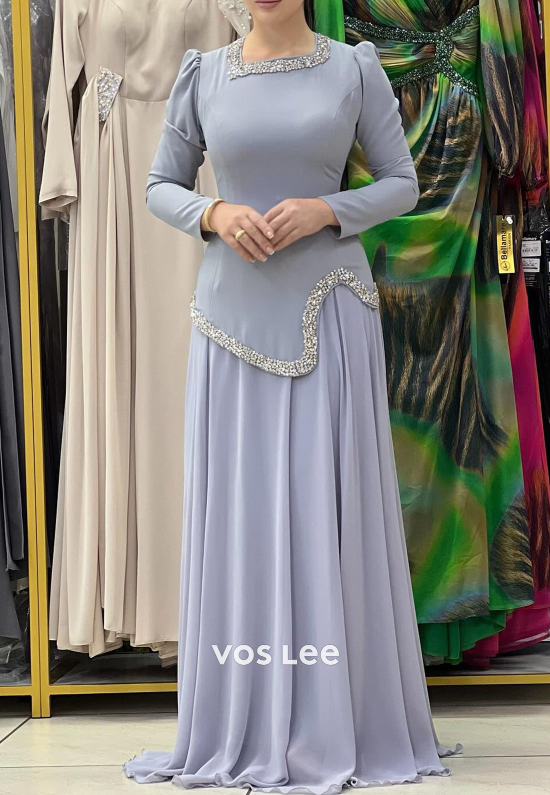 A-Line Long Sleeves Square Rhinestone Pleated Floor-Length Evening Dresses