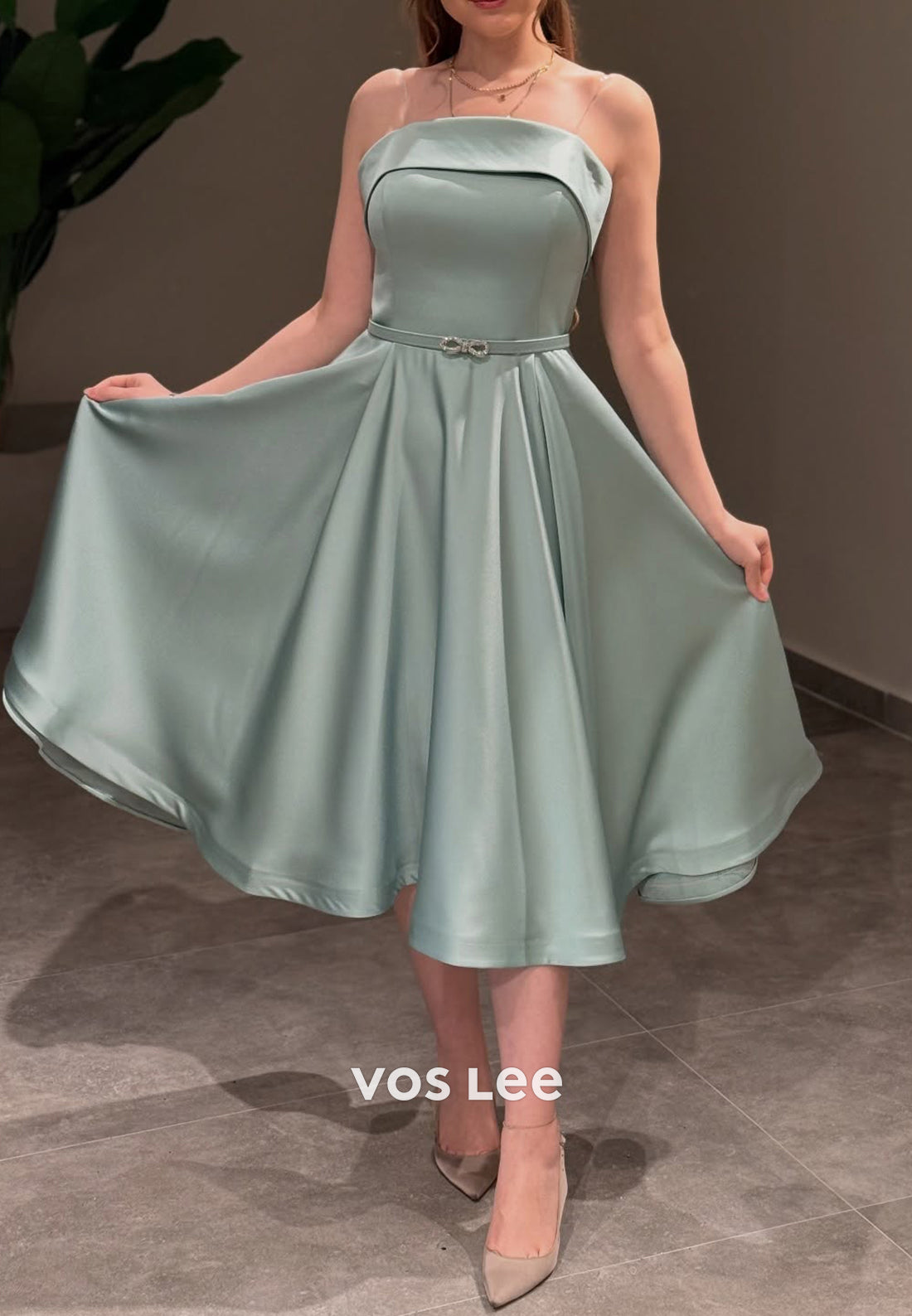 A-Line Strapless Rhinestone Embellished Tea-Length Evening Dresses