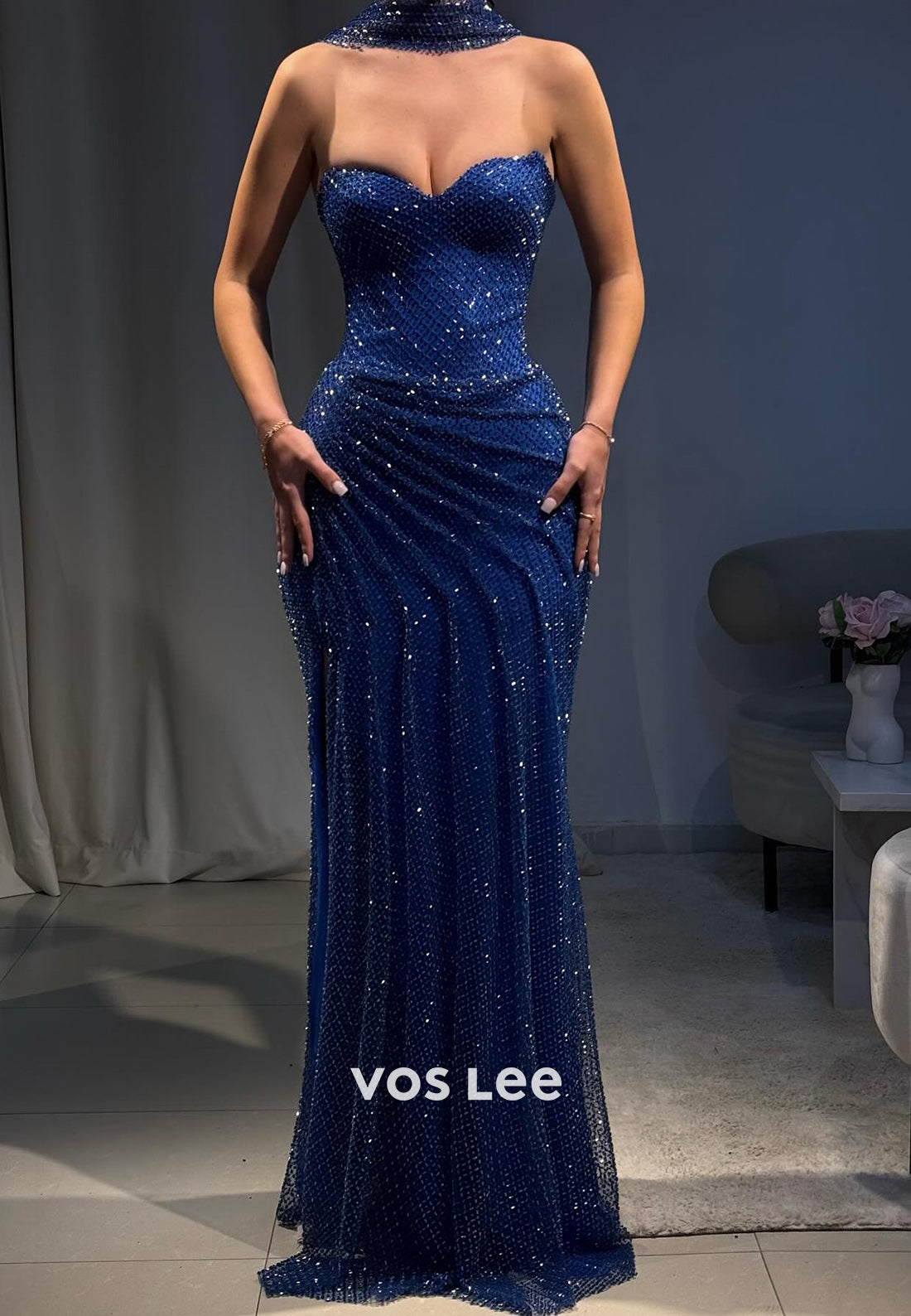 Sparkling Royal Blue Strapless Sweetheart Floor-Length Pleated Mermaid Evening Dresses