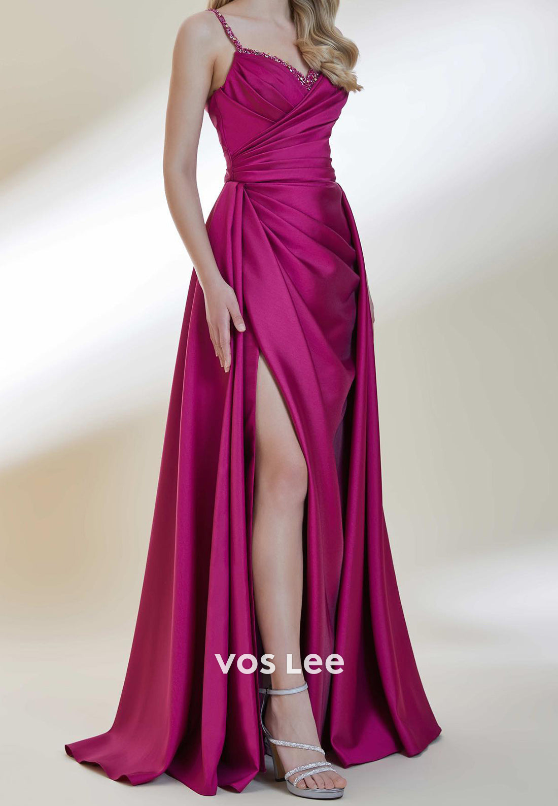 A-Line Spaghetti Straps Sweetheart Rhinestone Split Evening Dresses with Sweep Train