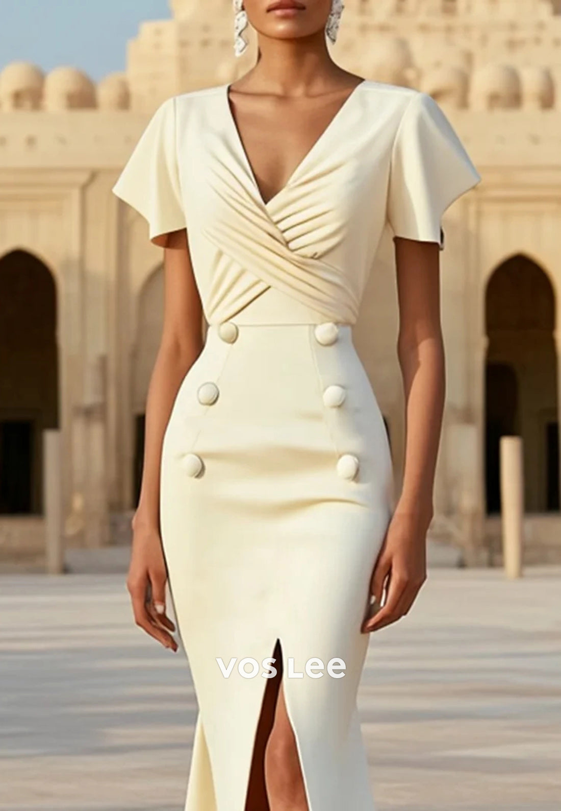 Short Sleeve V Neck Floor-Length Mermaid Wedding Guest Dresses with High Split