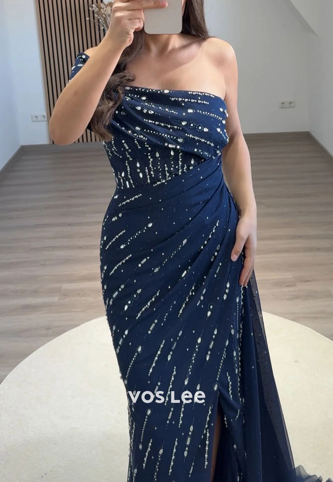 Sparkling One Shoulder Rhinestone Pleated Mermaid Evening Dresses with High Split