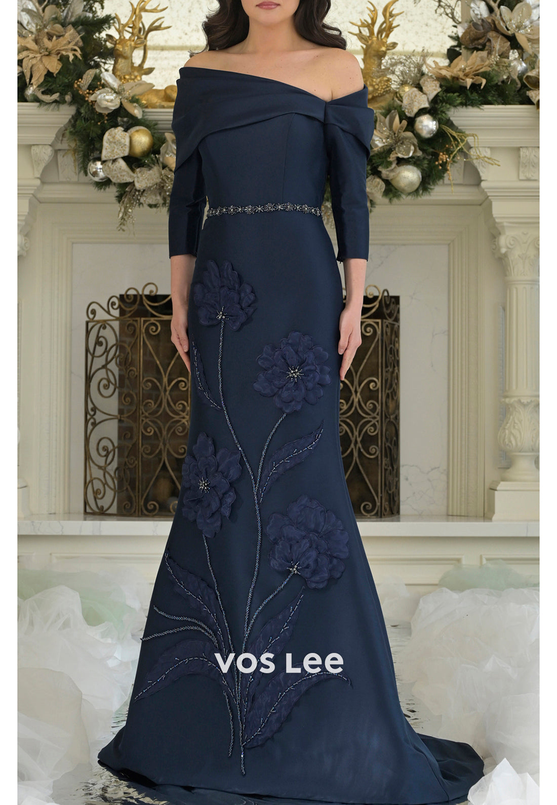 Asymmetrical Neck 3/4 Sleeve Floral Embossed Mermaid Mother of Bride Dresses