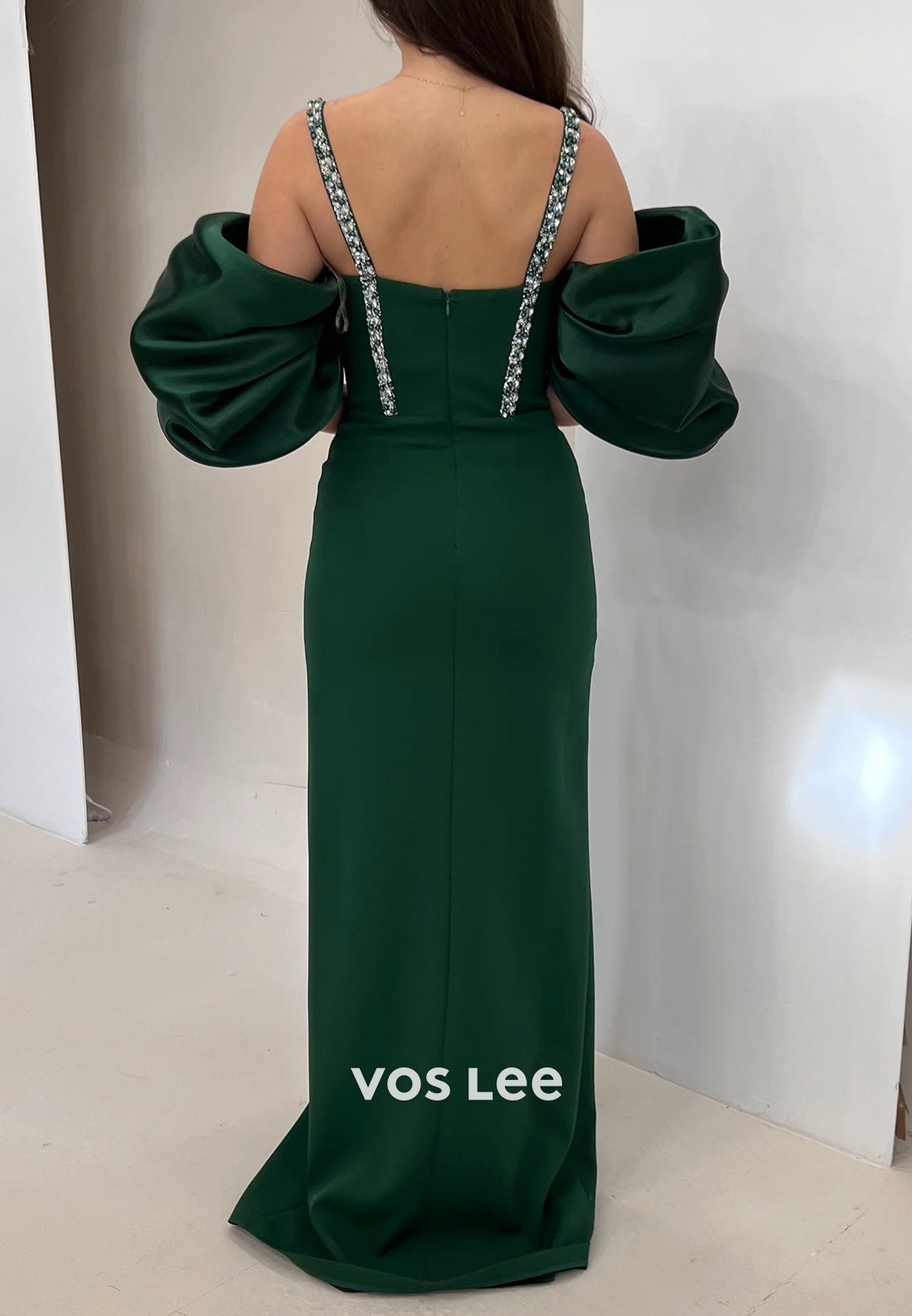 Short Sleeve Spaghetti Straps Rhinestone Pleated Floor-Length Mermaid Evening Dresses