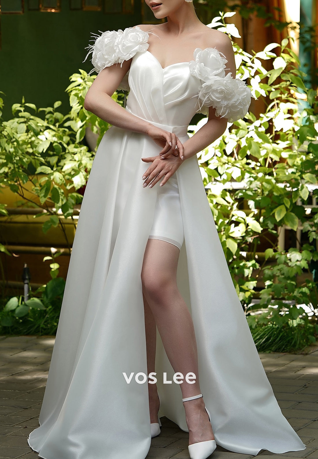 Flowers Off the Shoulder Pleated Floor-Length Wedding Dresses with High Split