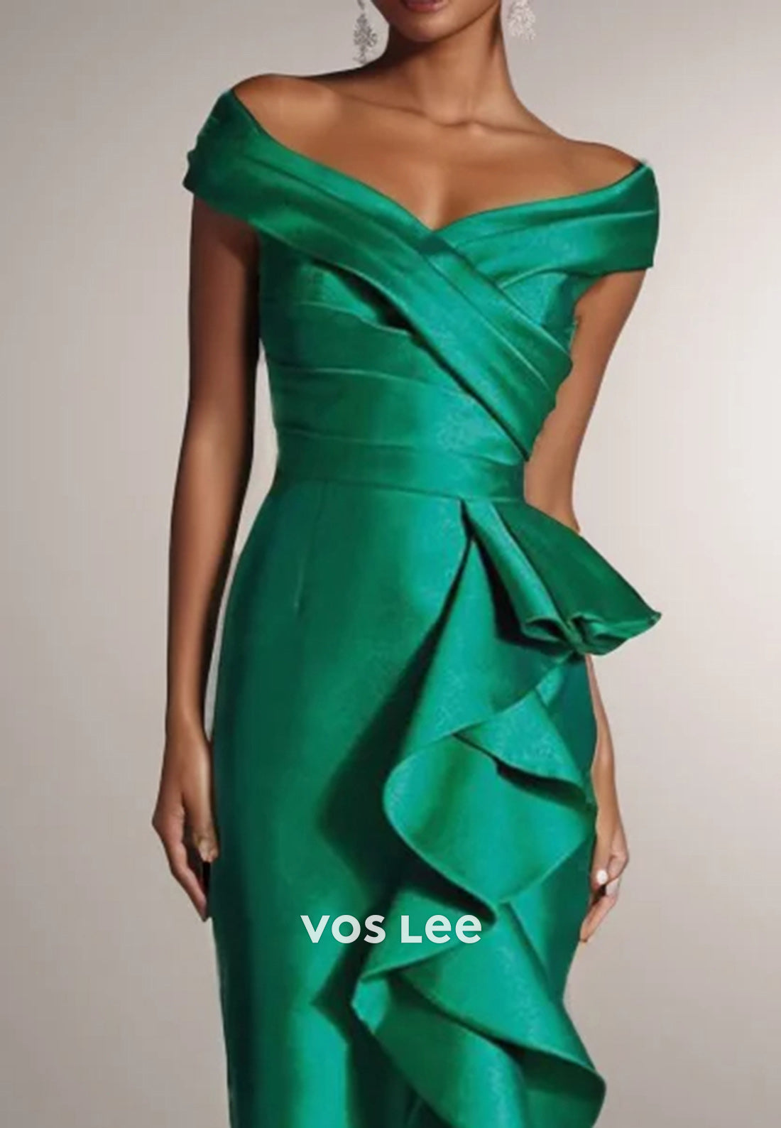 Off the Shoulder Ankle-Length Pleated Long Wedding Guest Dresses with Side Split