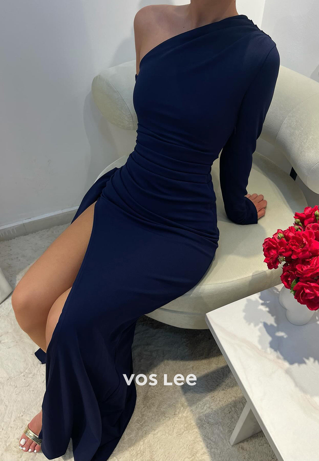 Long Sleeve One Shoulder Pleated Mermaid Long Evening Dresses with Side Split