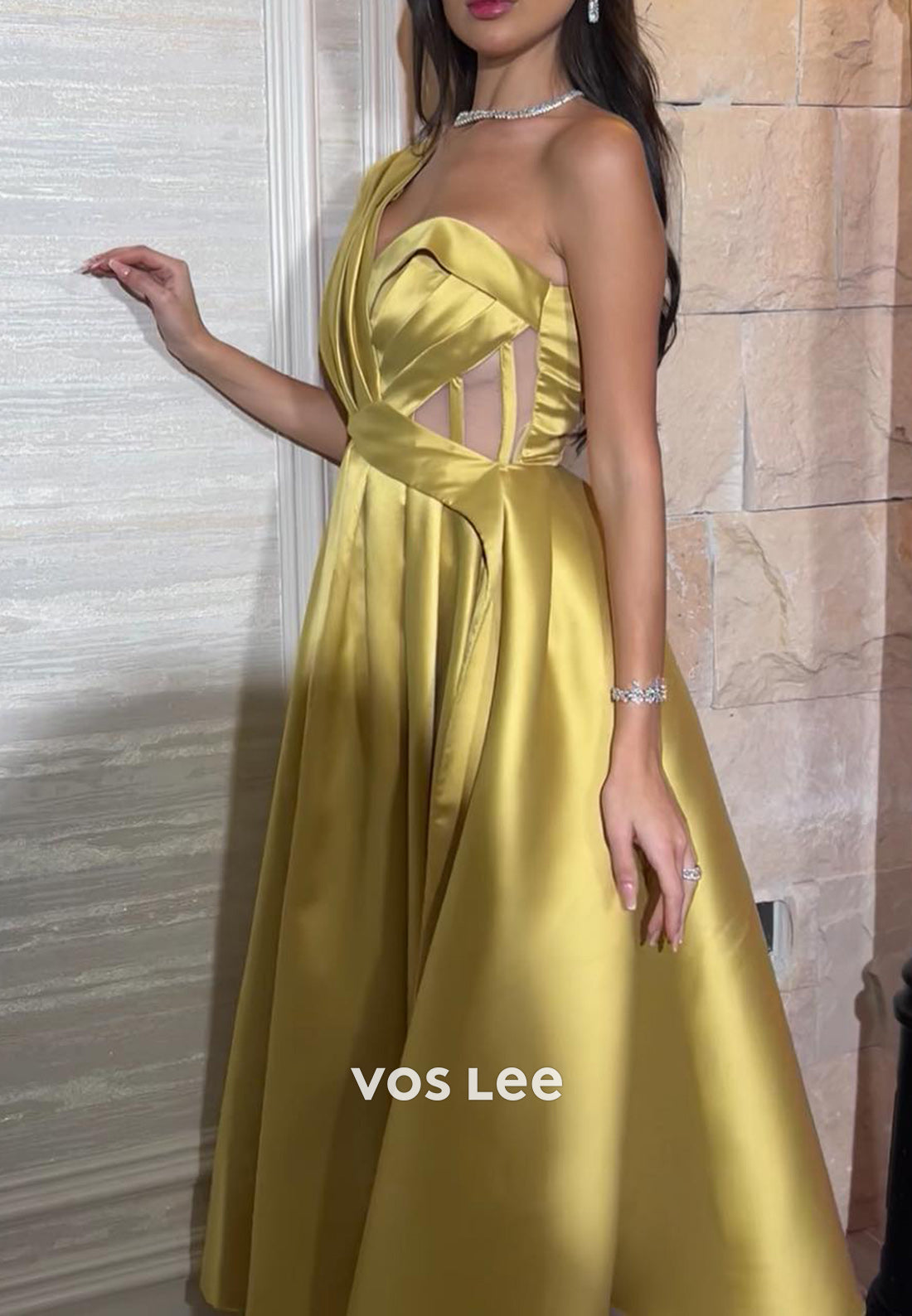A-Line One Shoulder Pleated Ankle-Length Couture Evening Dresses