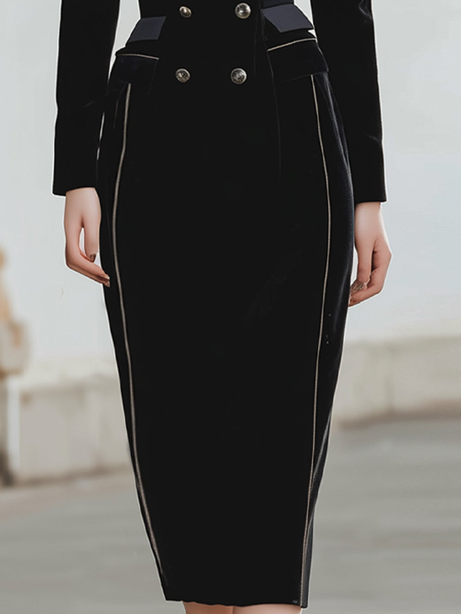 VOS LEE Velvet Double-Breasted Midi Dress In Noir Black