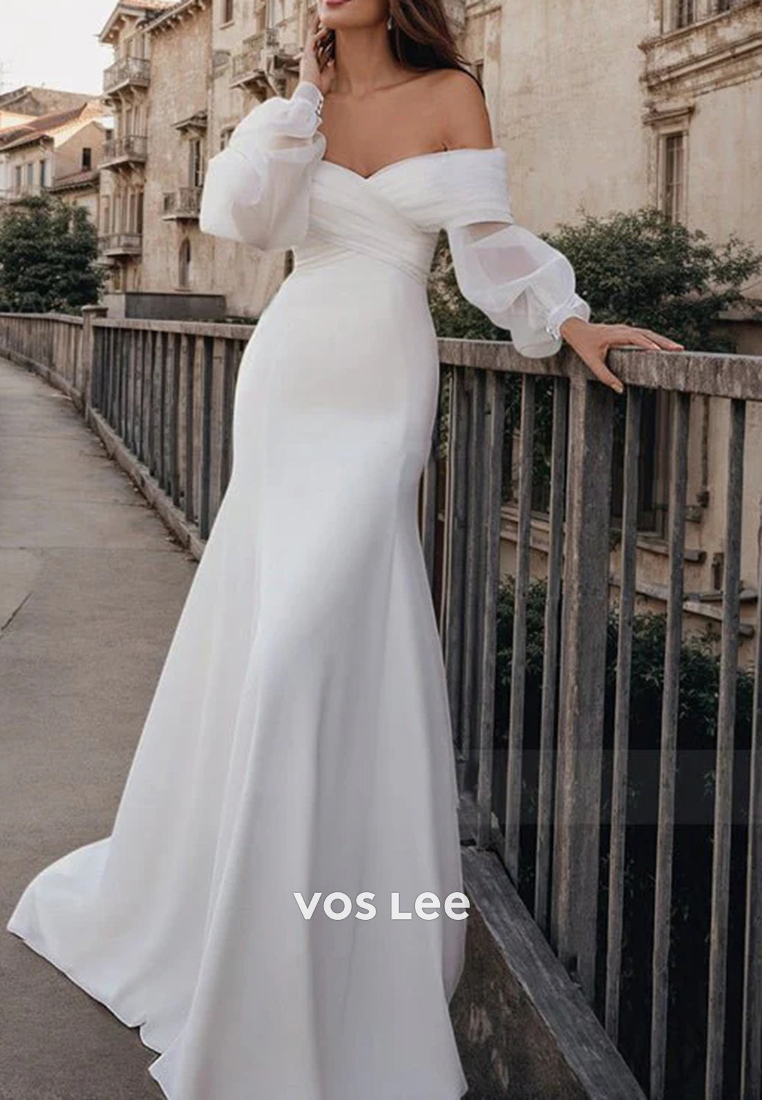 Long Sleeve Off the Shoulder Pleated Beach Mermaid Wedding Dresses with Sweep Train