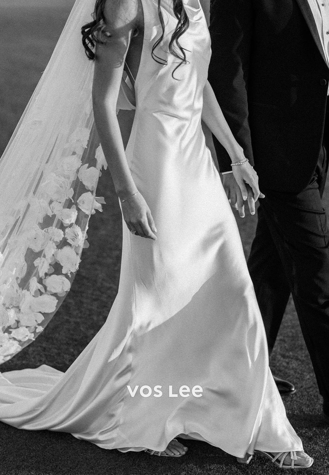 Classic V Neck Backless Satin Pleated Wedding Dresses with Sweep Train
