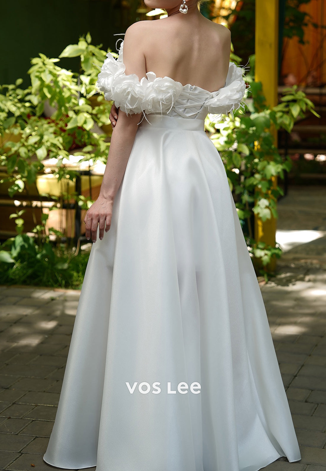 Flowers Off the Shoulder Pleated Floor-Length Wedding Dresses with High Split