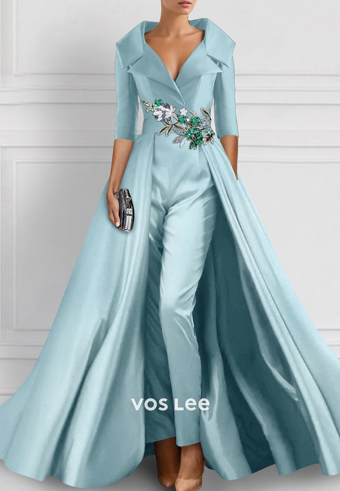 Simple Half Sleeve V Neck Appliques Jumpsuit Evening Dresses with Sweep Train
