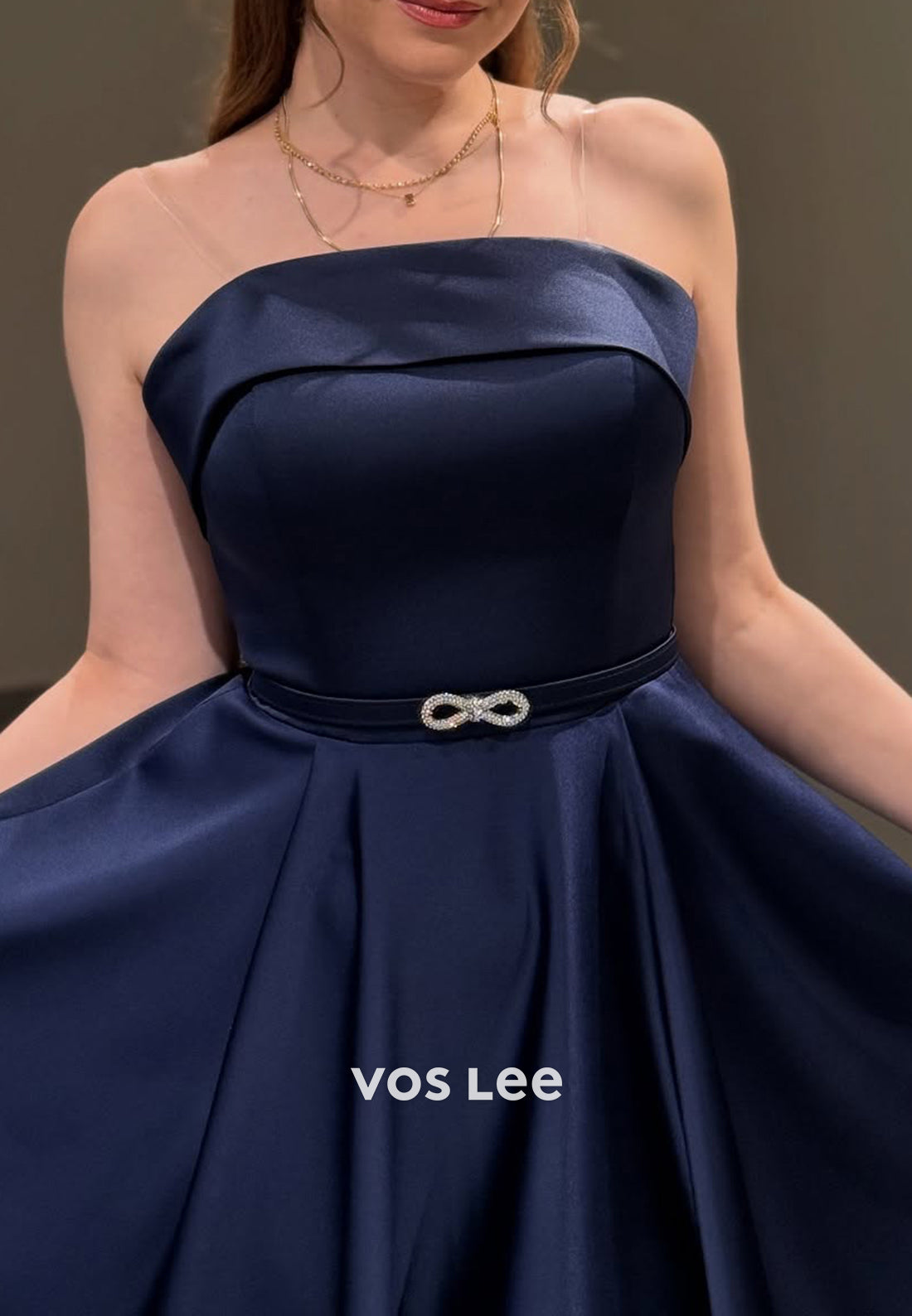 A-Line Strapless Rhinestone Embellished Tea-Length Evening Dresses