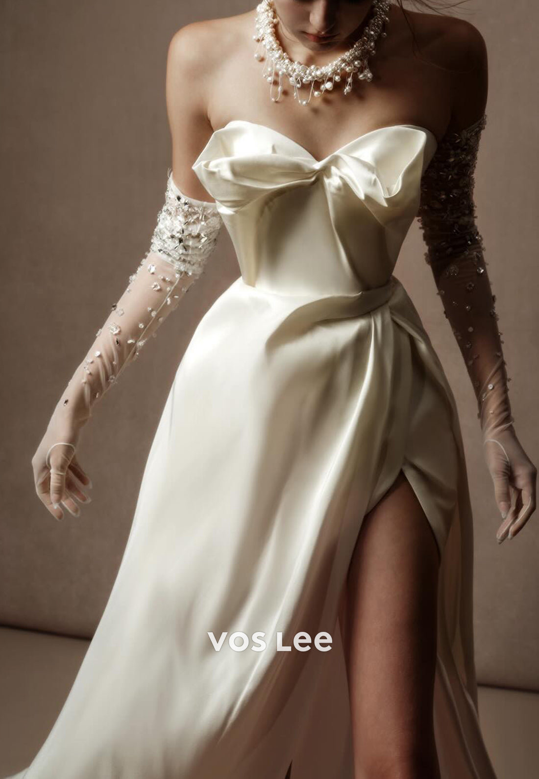 A-Line Strapless Bowknot Sweetheart Pleated Wedding Dresses with High Split