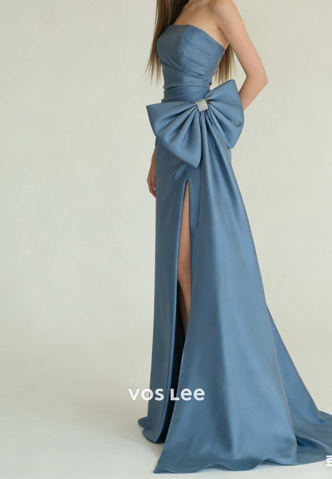 Elegant Sheath Strapless Satin Pleated Slit Long Prom Dress with Bow