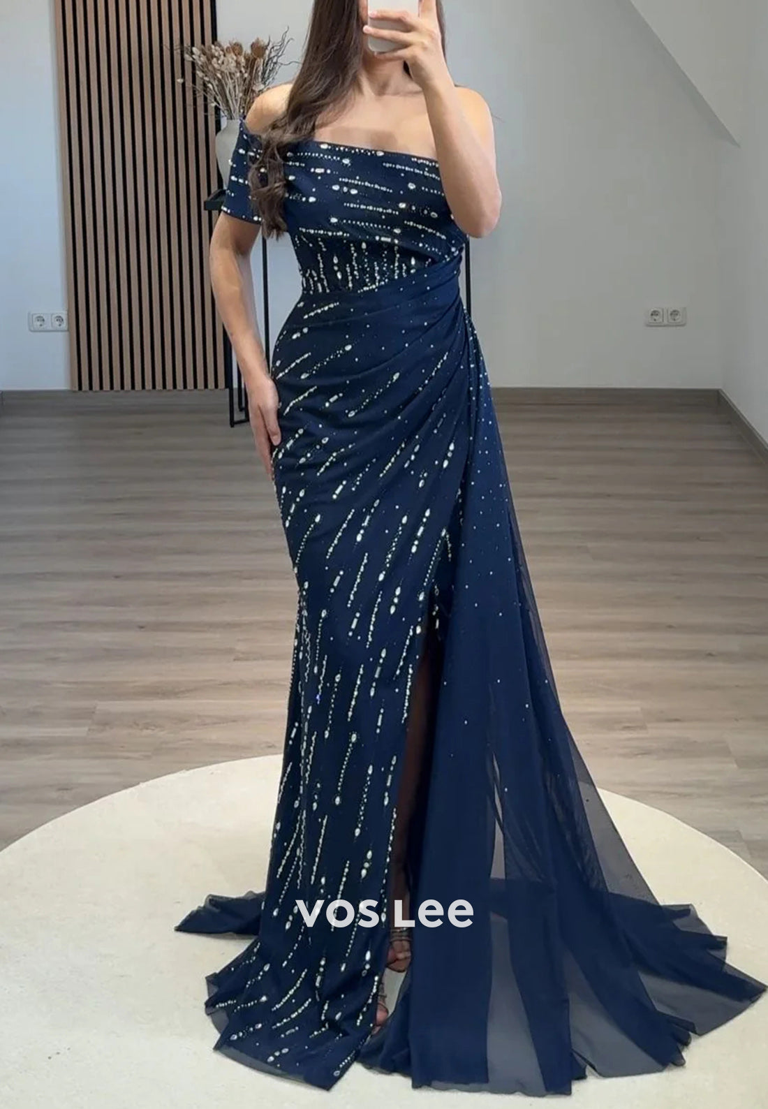 Sparkling One Shoulder Rhinestone Pleated Mermaid Evening Dresses with High Split