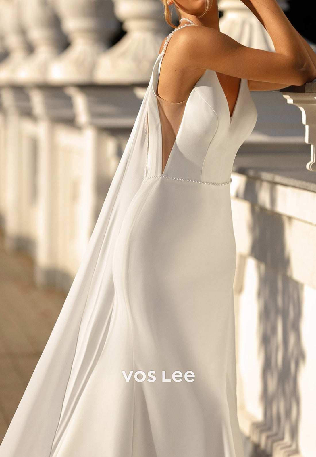 Spaghetti Straps V Neck Pearl Mermaid Wedding Dresses with Court Train