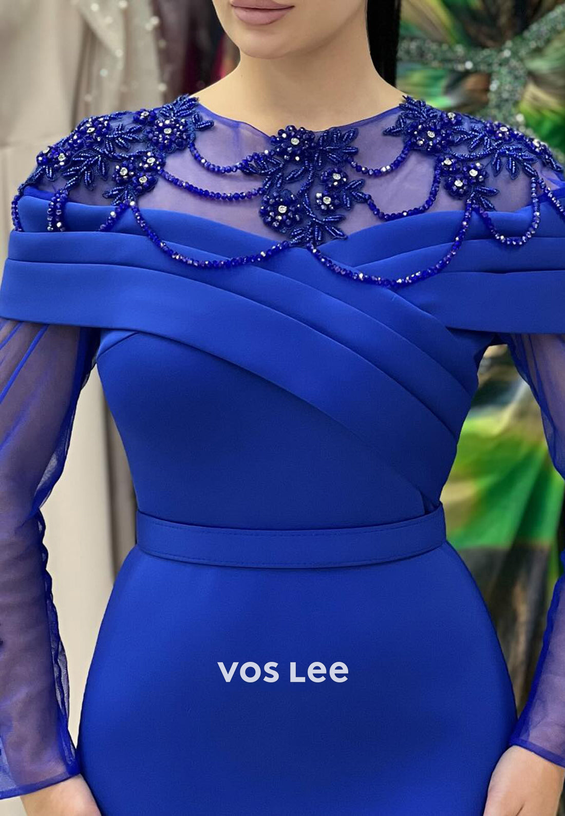 Long Sleeve Illusion Neck Beaded Embellished Ankle-Length Mermaid Evening Dresses