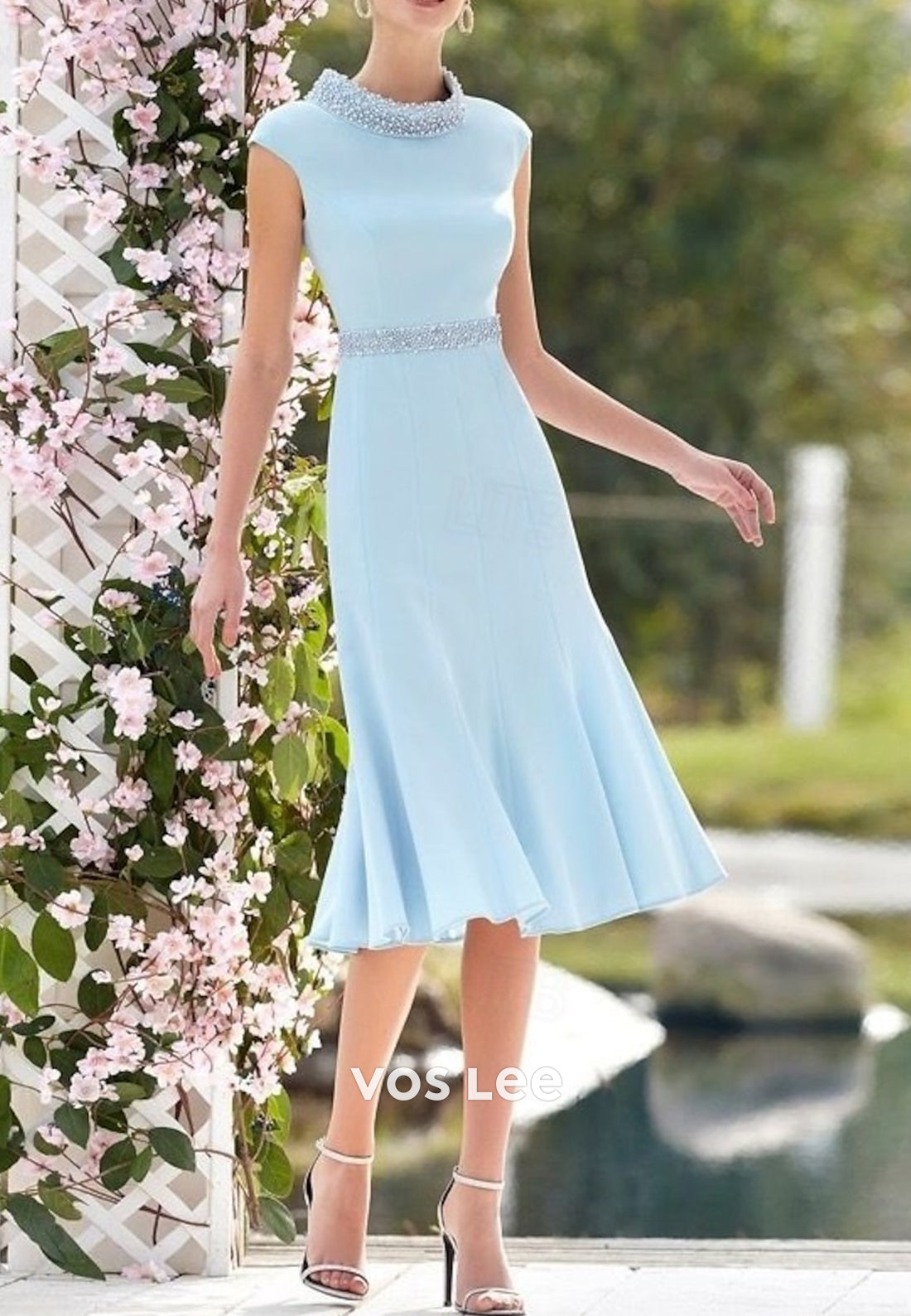 Sky Blue 3/4 Sleeve Scoop Beaded Tea-Length Mermaid Mother of Bride Dresses