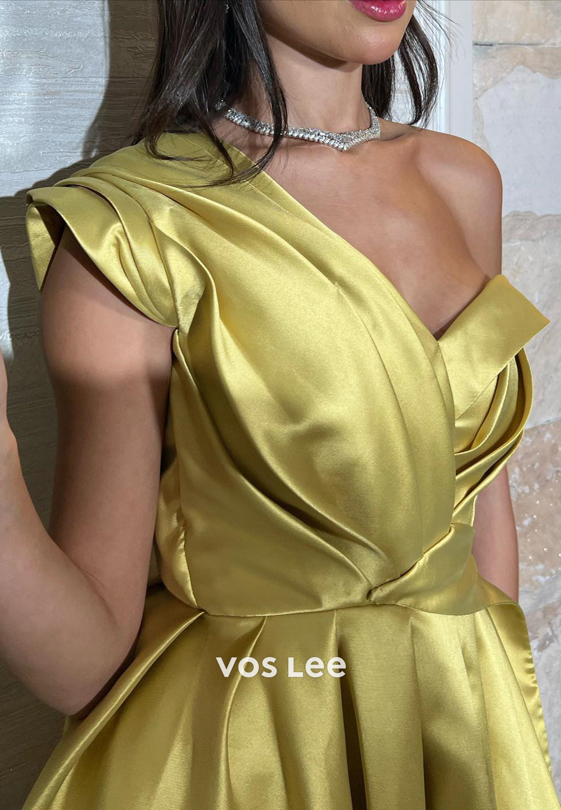 A-Line One Shoulder Pleated Ankle-Length Couture Evening Dresses