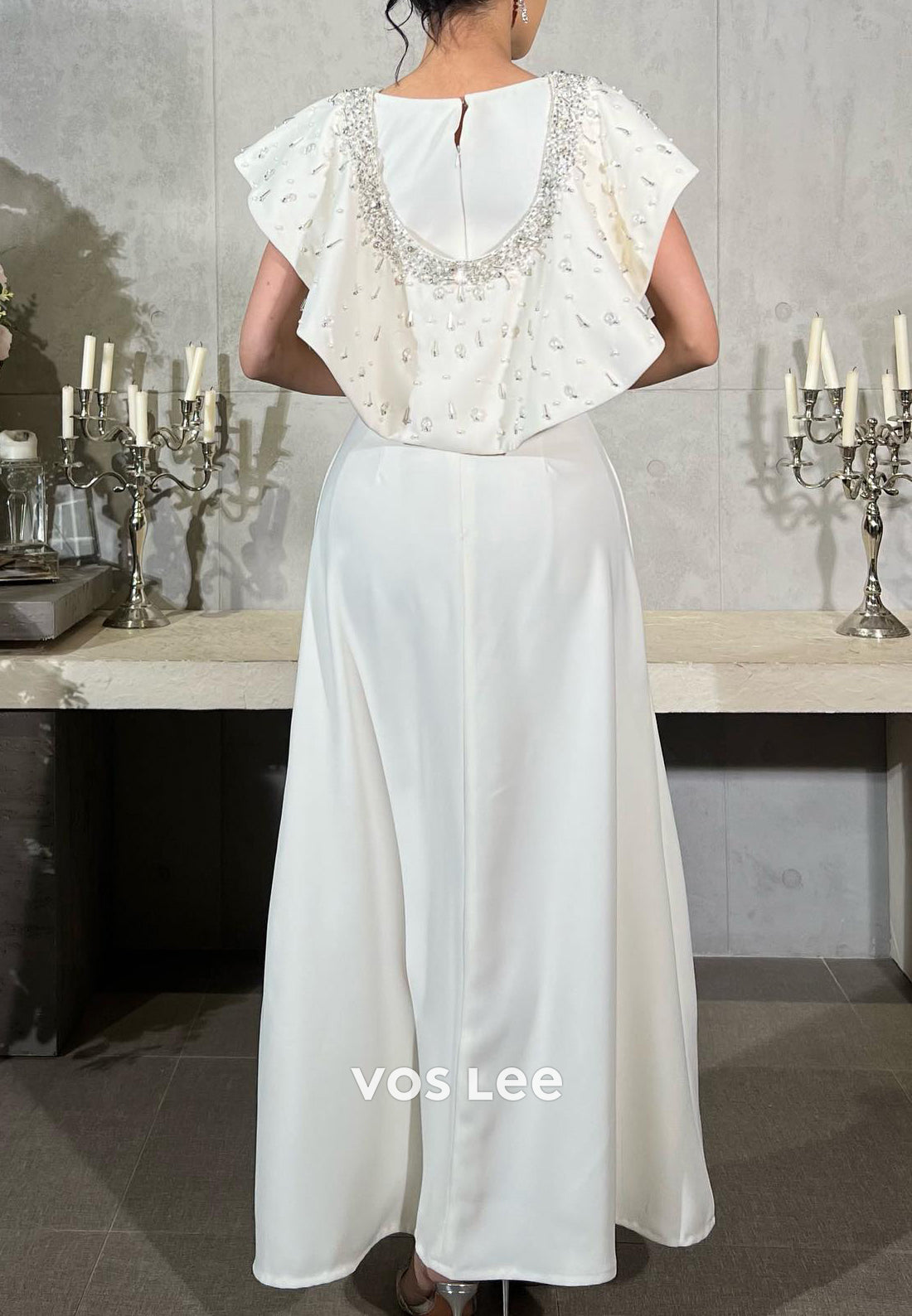 Scoop Rhinestone Beaded Embellished Satin Sheath Pleated Evening Dresses