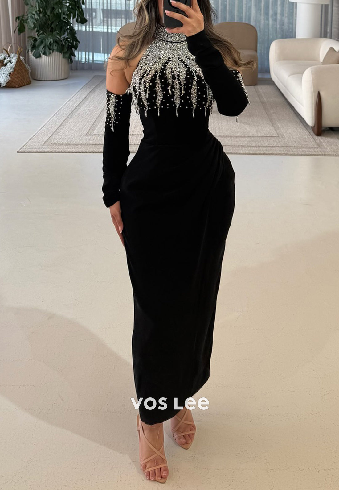 Long Sleeve Halter Rhinestone Embellished Ankle-Length Sheath Evening Dresses