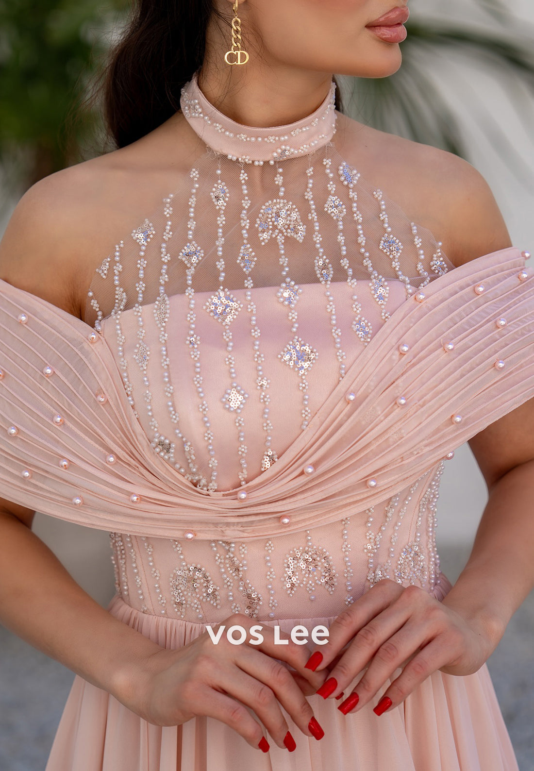 Blushing Pink A-Line Off the Shoulder Beaded Sequins Pleated Prom Dresses