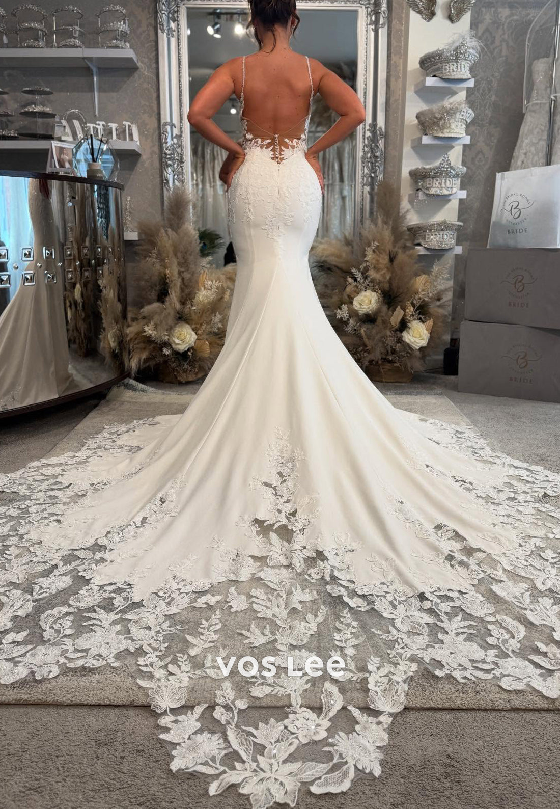 Spaghetti Straps V Neck Appliques Lace Embellished Beach Mermaid Wedding Dresses