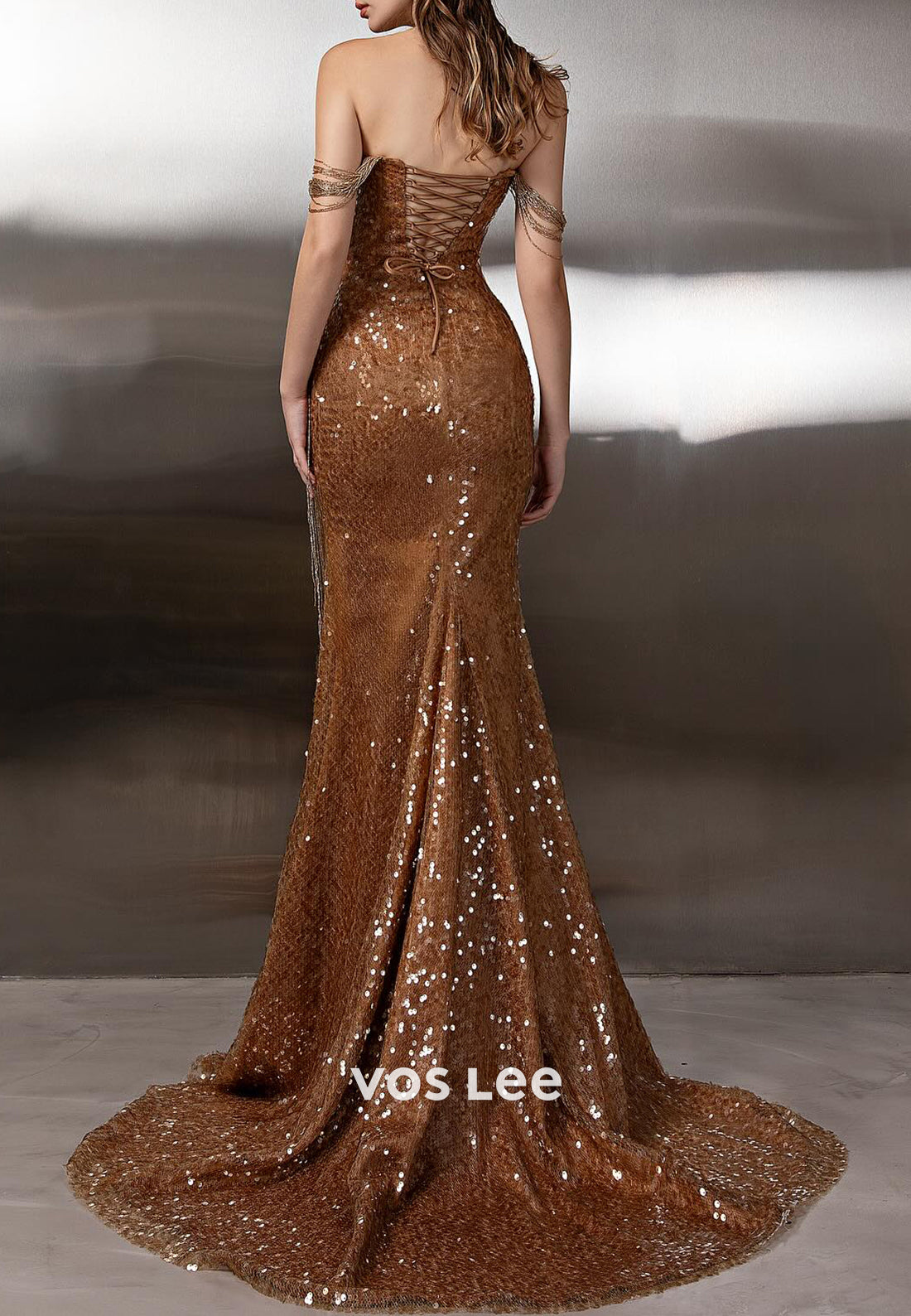 Fully Sequined Off the Shoulder Beaded Fringe Mermaid Prom Dresses