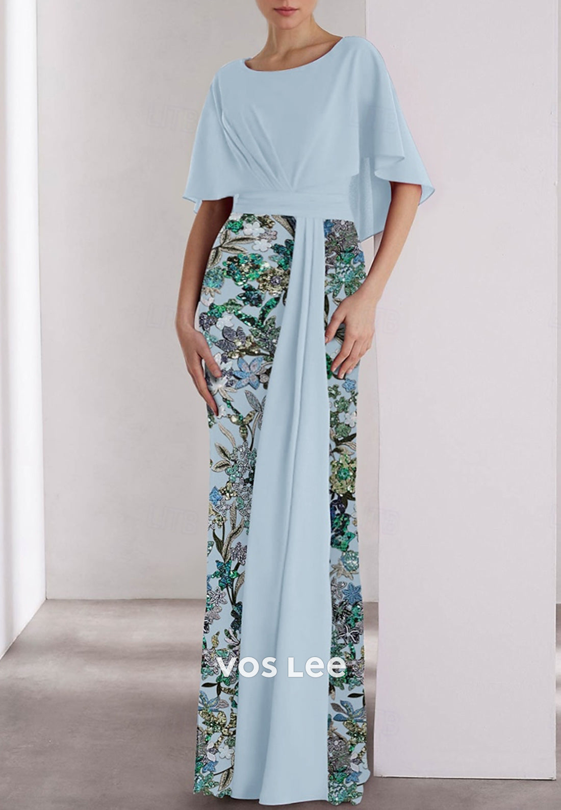 Flutter Sleeves Scoop Floor-Length Appliqued Embellished Mermaid Mother of Bride Dresses